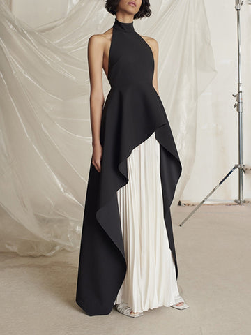 Woochic robe cocktail deux-pièces col en rond sans manches dos nu irrégulière mince noir S